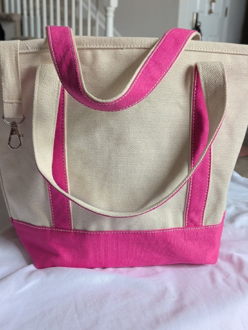 Lands' End Cream Canvas Tote with Pink Trim - Picture 3 of 4